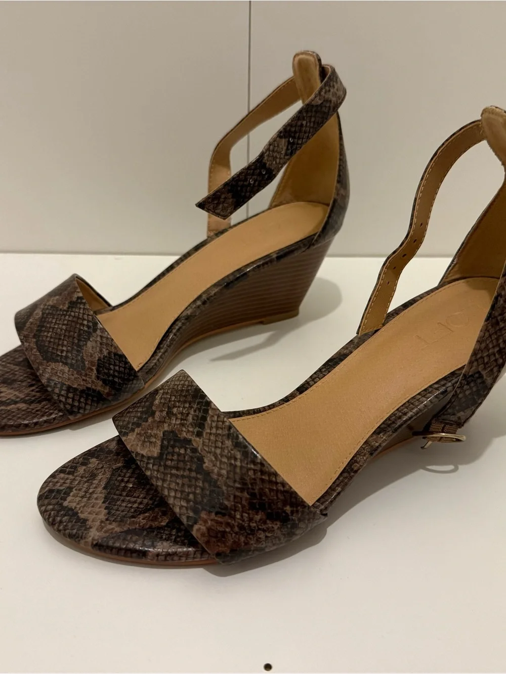 Loft Brown Snake-Print Wedge Ankle Strap Sandals